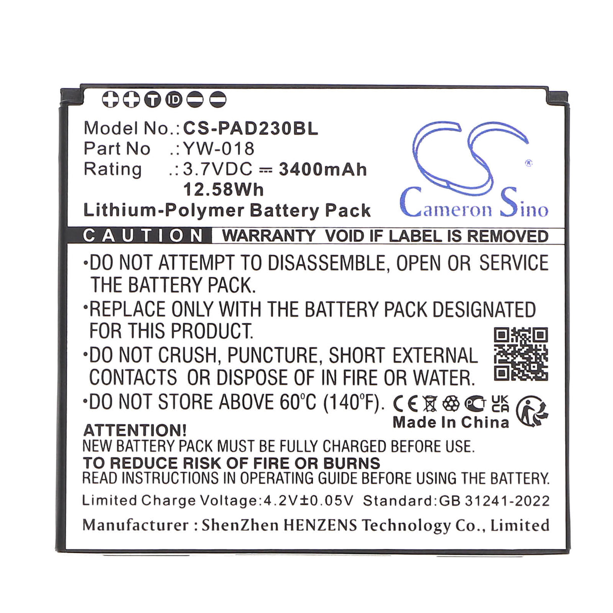 3.7V, Li-Polymer, 3400mAh, Payment Terminal battery fits Pax, Yw-018, D230, 12.58Wh Payment Terminal Cameron Sino Technology Limited