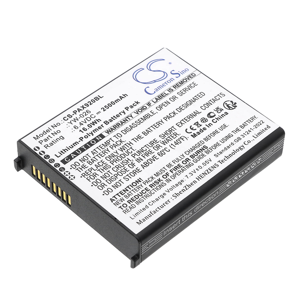 6.4V, Li-Polymer, 2500mAh, Payment Terminal battery fits Pax, Yw-026, A920 Max, 16.0Wh Payment Terminal Cameron Sino Technology Limited