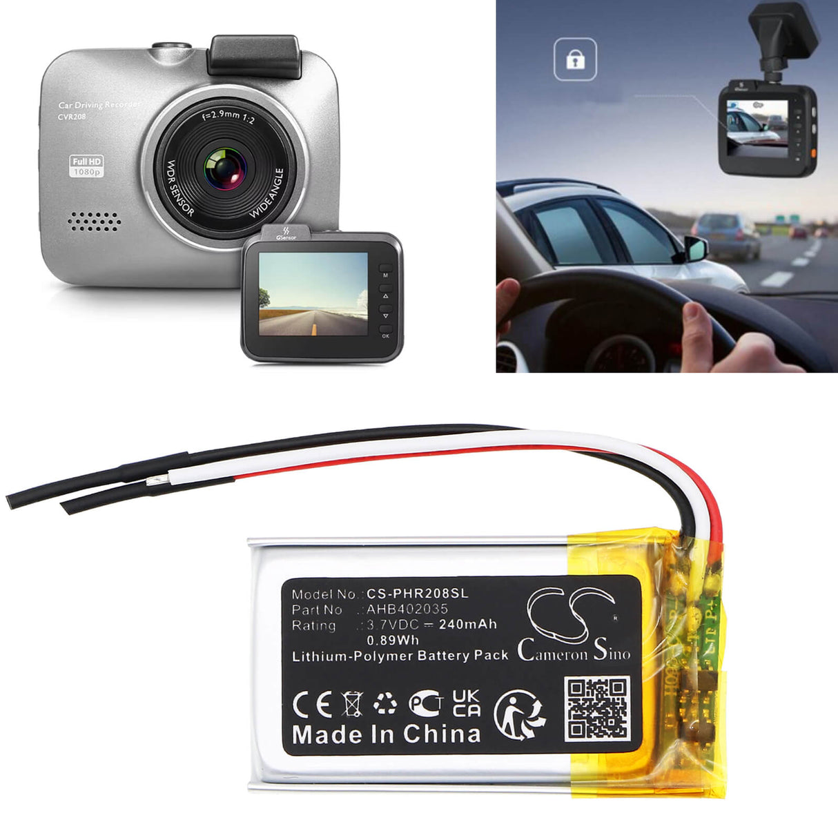 3,7V, Li-Polymer, 240mAh, batterie Dashcam compatible Philips, Cvr208, 0,89Wh Dashcam Cameron Sino Technology Limited