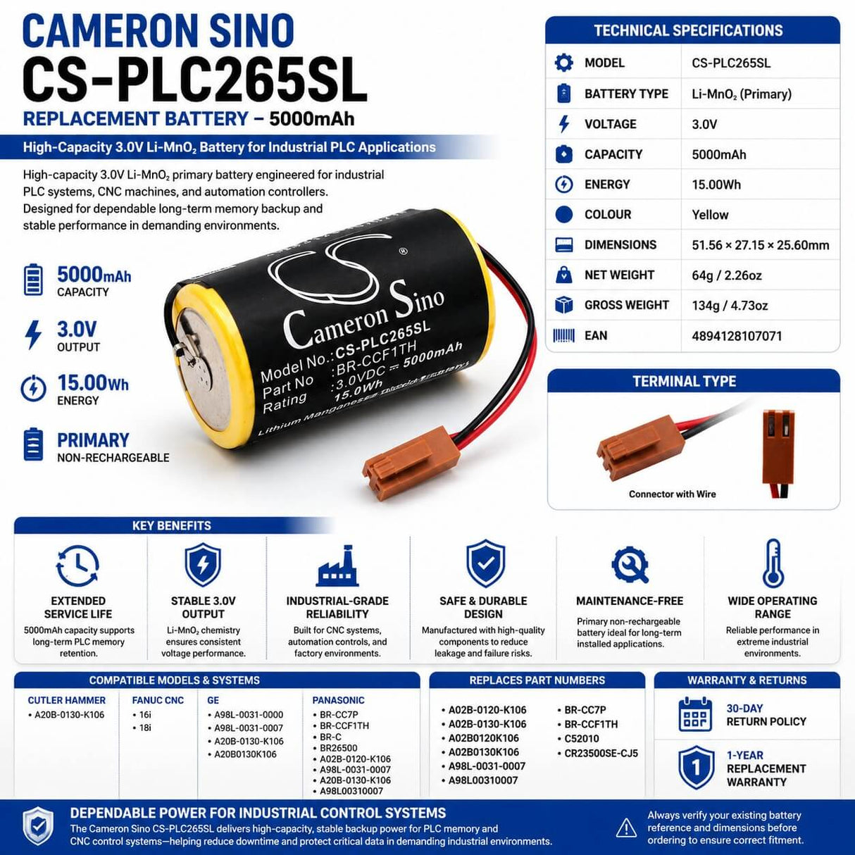 PLC Battery for Fanuc Br-ccf1th, Br-ccf1th 3v, 5000 Mah - 15wh PLC Cameron Sino Technology Limited