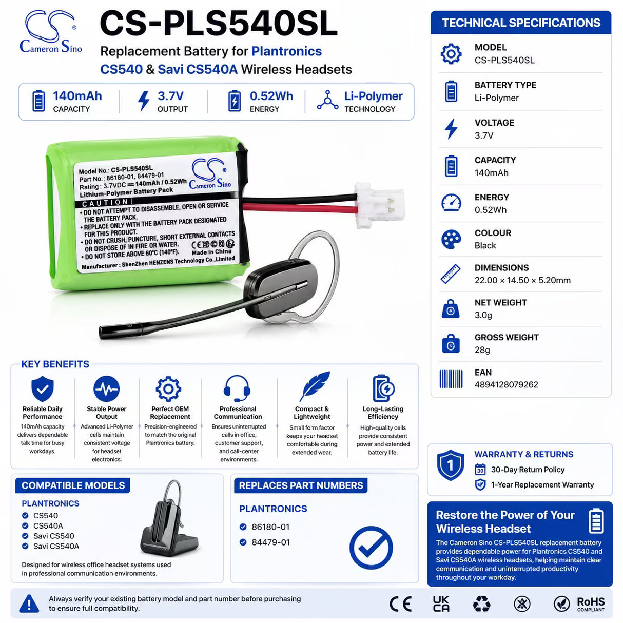 Headset Battery For Plantronics Cs540, Cs540a, Savi Cs540 3.7v, 140mah - 0.52wh Wireless Headset Cameron Sino Technology Limited