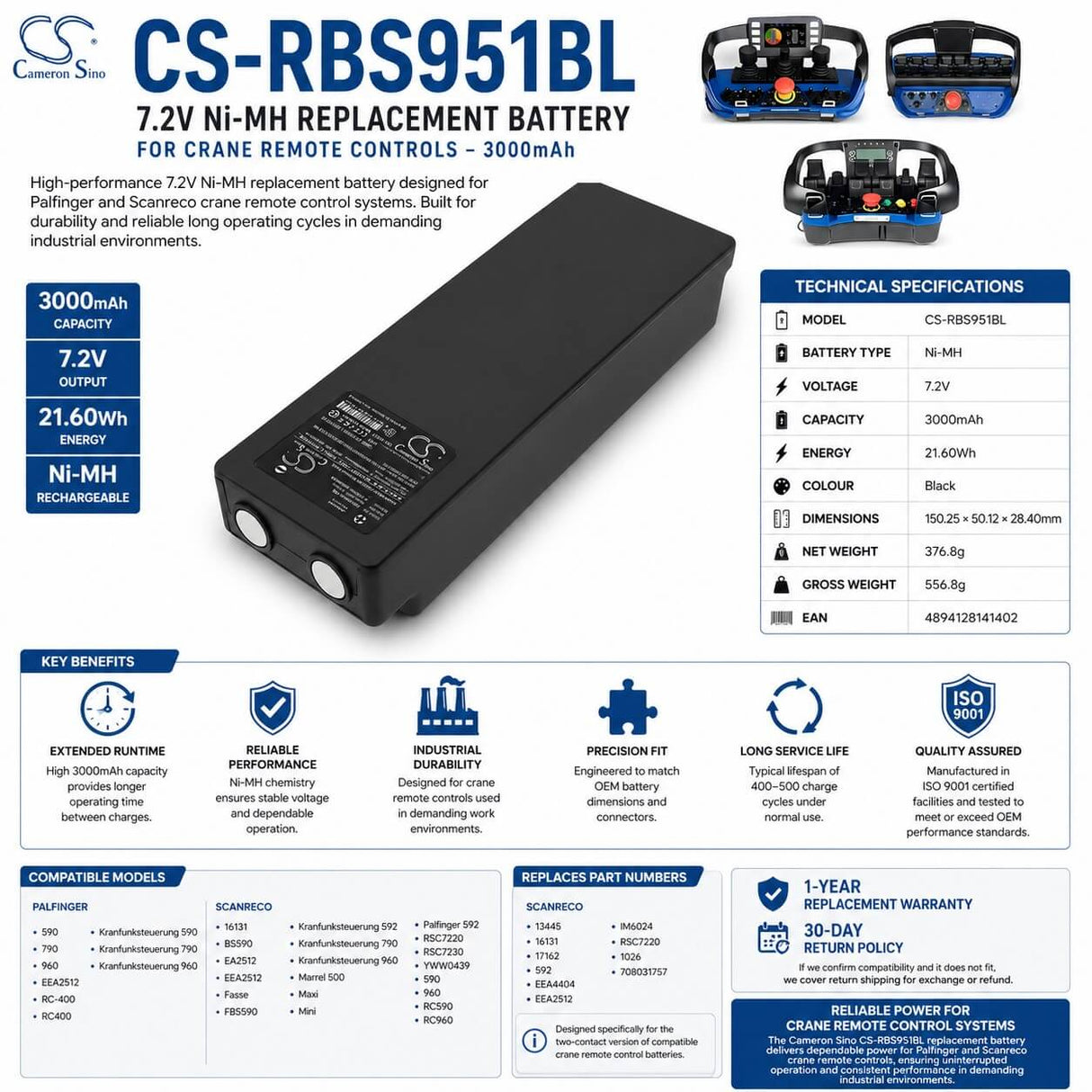 Batterie de grue pour Scanreco, 16131, 590, 592, 960 7,2 V, 3 000 mAh - 21,60 Wh