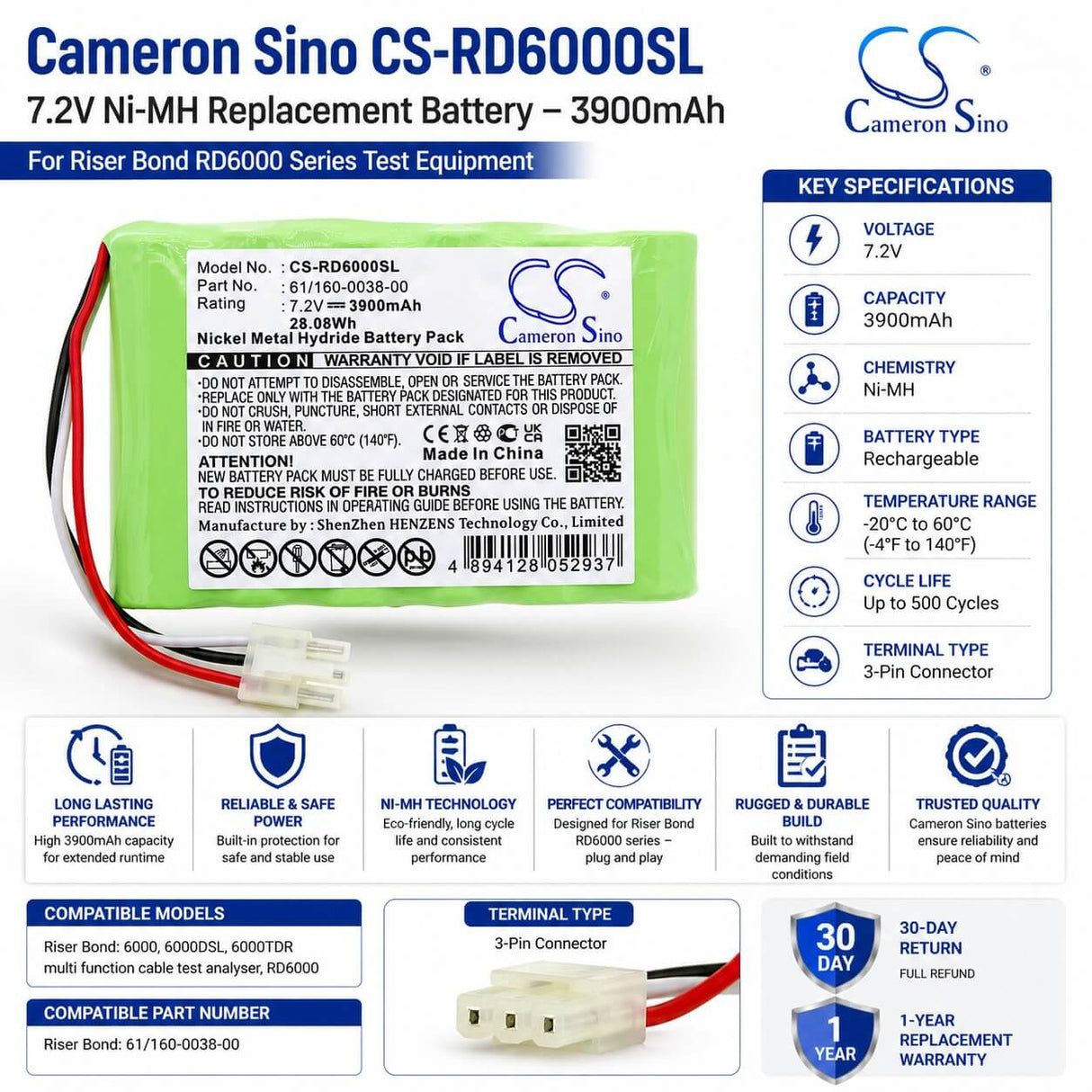 7.2V, Ni-MH, 3900mAh, Equipment battery fits Riser Bond, 61/160-0038-00, 6000, 6000dsl, 28.08Wh Equipment, Survey, Test Cameron Sino Technology Limited