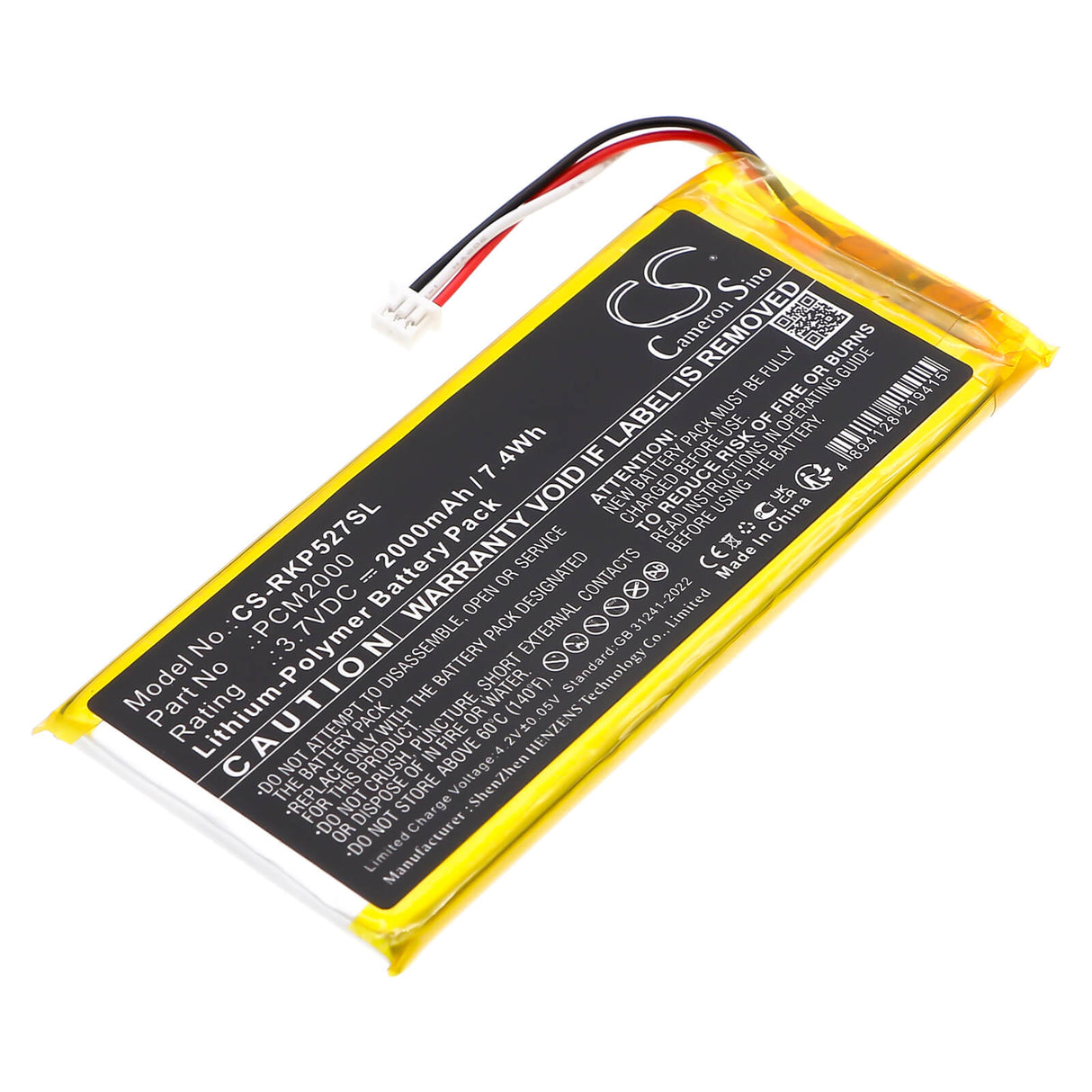 3.7V, Li-Polymer, 2000mAh, Alarm System battery fits Ring, PCM2000, 5AT2S7, Alarm Keypad, 7.4Wh Alarm System Cameron Sino Technology Limited