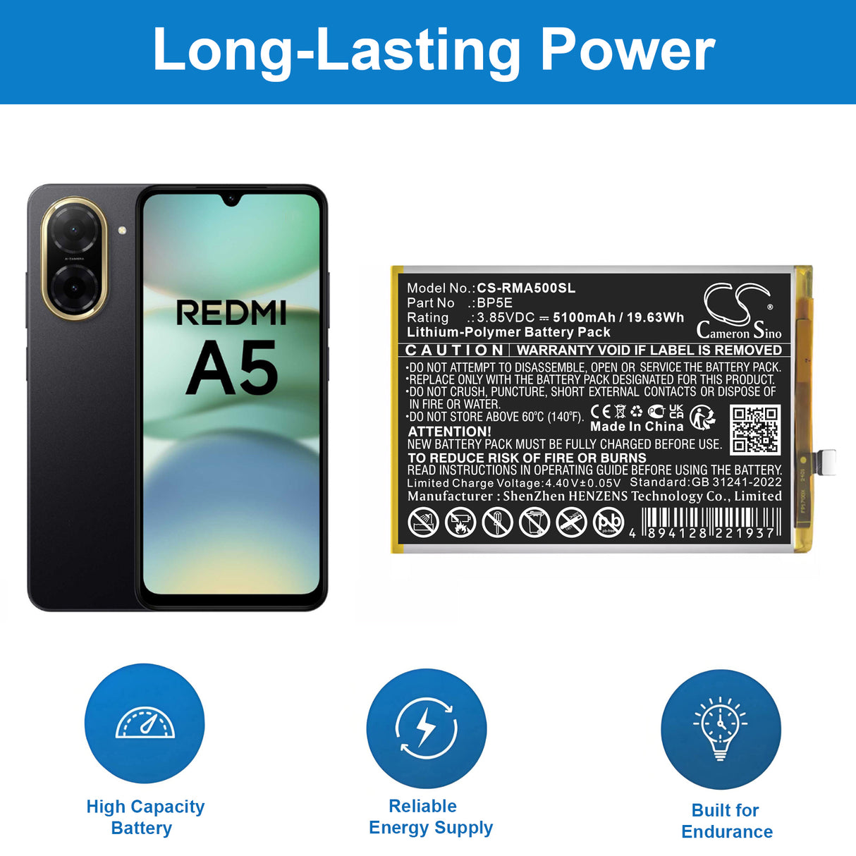 3,85V, Li-Polymer, 5100mAh, Mobile, Batterie de téléphone intelligent compatible avec Redmi, BP5E, A5 4G, 19,63Wh Mobile, Téléphone intelligent Cameron Sino Technology Limited