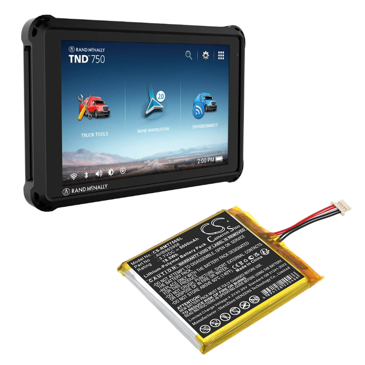 3,7V, Li-Polymer, 5000mAh, GPS, batterie de navigateur s'adapte à Rand Mcnally, AHB865958, TND-750, 18,5Wh GPS, Navigator Cameron Sino Technology Limited