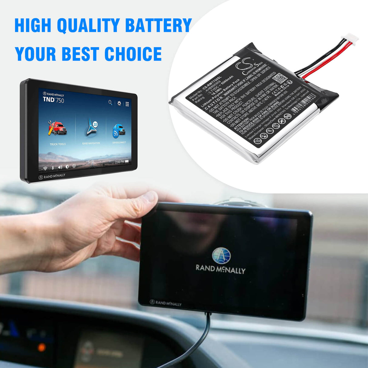 3,7V, Li-Polymer, 5000mAh, GPS, batterie de navigateur s'adapte à Rand Mcnally, AHB865958, TND-750, 18,5Wh GPS, Navigator Cameron Sino Technology Limited