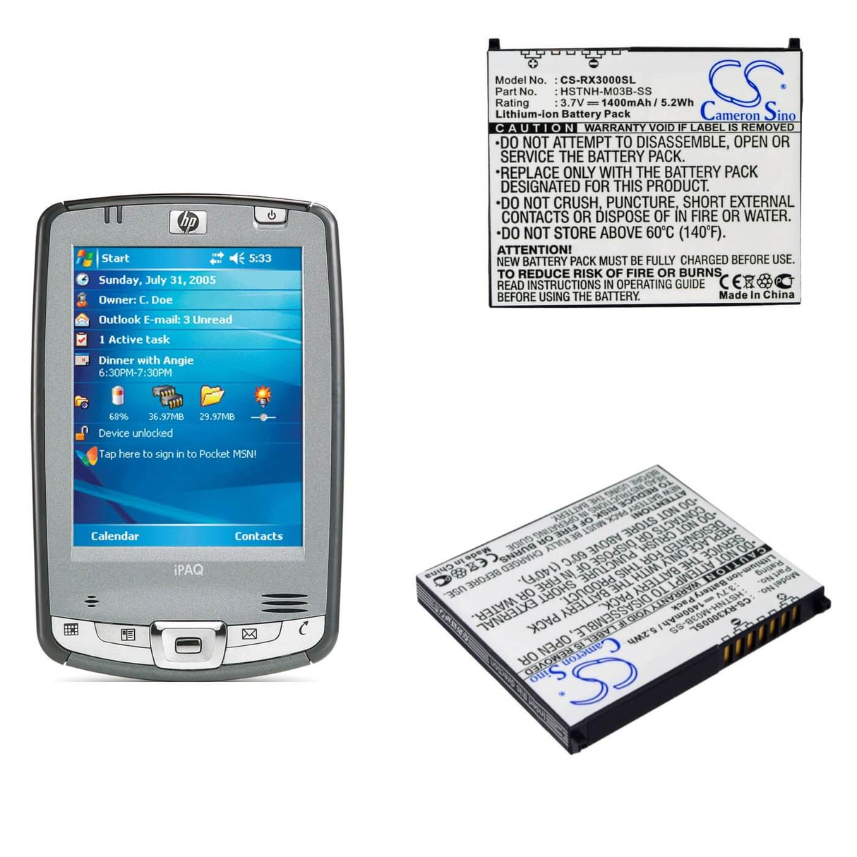 3.7V, Li-ion, 1400mAh, batterie PDA compatible avec Hp, 35h00041-01, Ipaq Hx2000, Ipaq Hx2100, 5.18Wh PDA, Pocket PC Cameron Sino Technology Limited