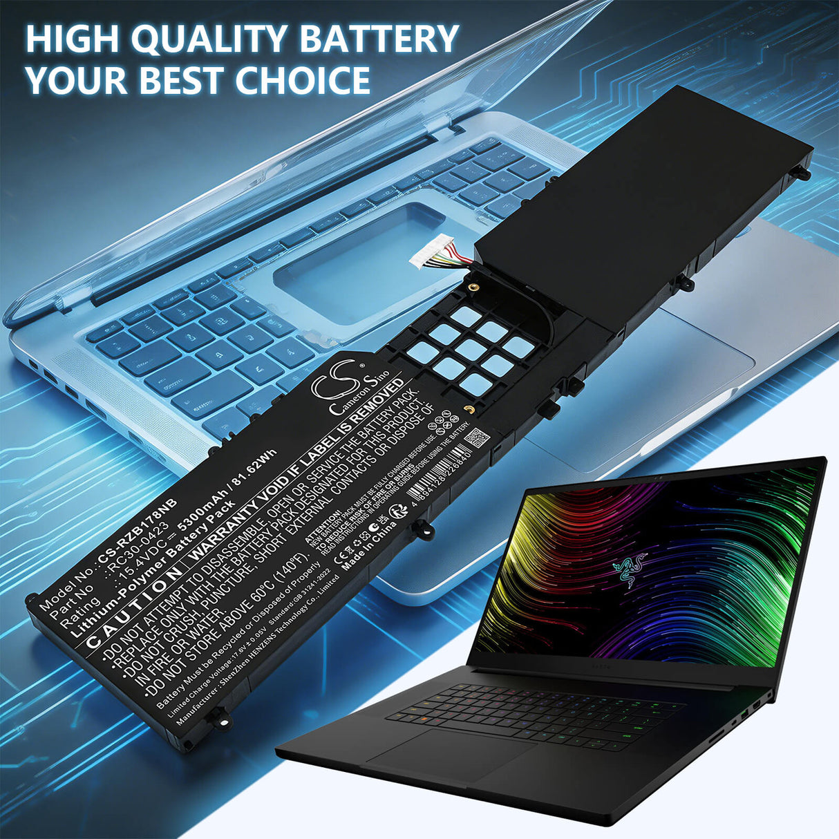15.4V, Li-Polymer, 5300mAh, Notebook, Laptop battery fits Razer, RC30-0423, Blade 17 Early 2022, Blade 17 RTX 3080 Ti, 81.62Wh Notebook, Laptop Cameron Sino Technology Limited