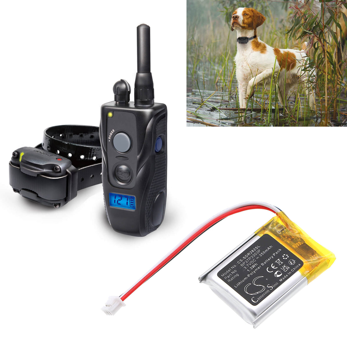 3,7V, Li-Polymère, 350mAh, batterie de collier pour chien compatible avec Dogtra, Bp37p3303p, Récepteur 280c, Récepteur 282c, 1,3Wh Collier pour chien Cameron Sino Technology Limited