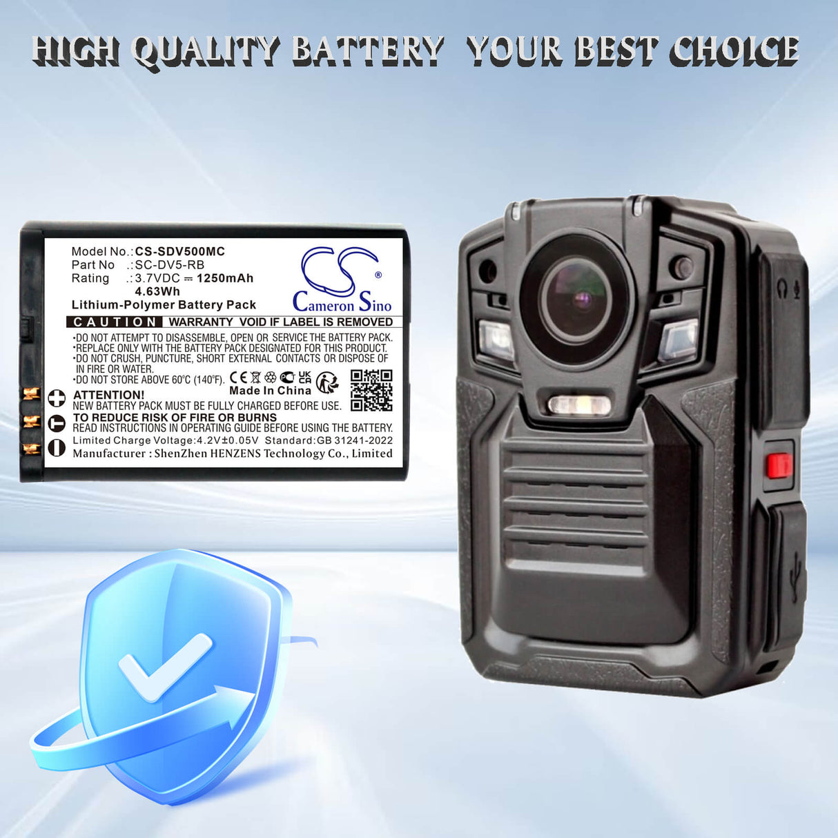 3.7V, Li-Polymer, 1250mAh, Camera battery fits PatrolEyes, SC-DV5-RB, SC-DV5, SC-DV5-2, 4.63Wh Camera Cameron Sino Technology Limited