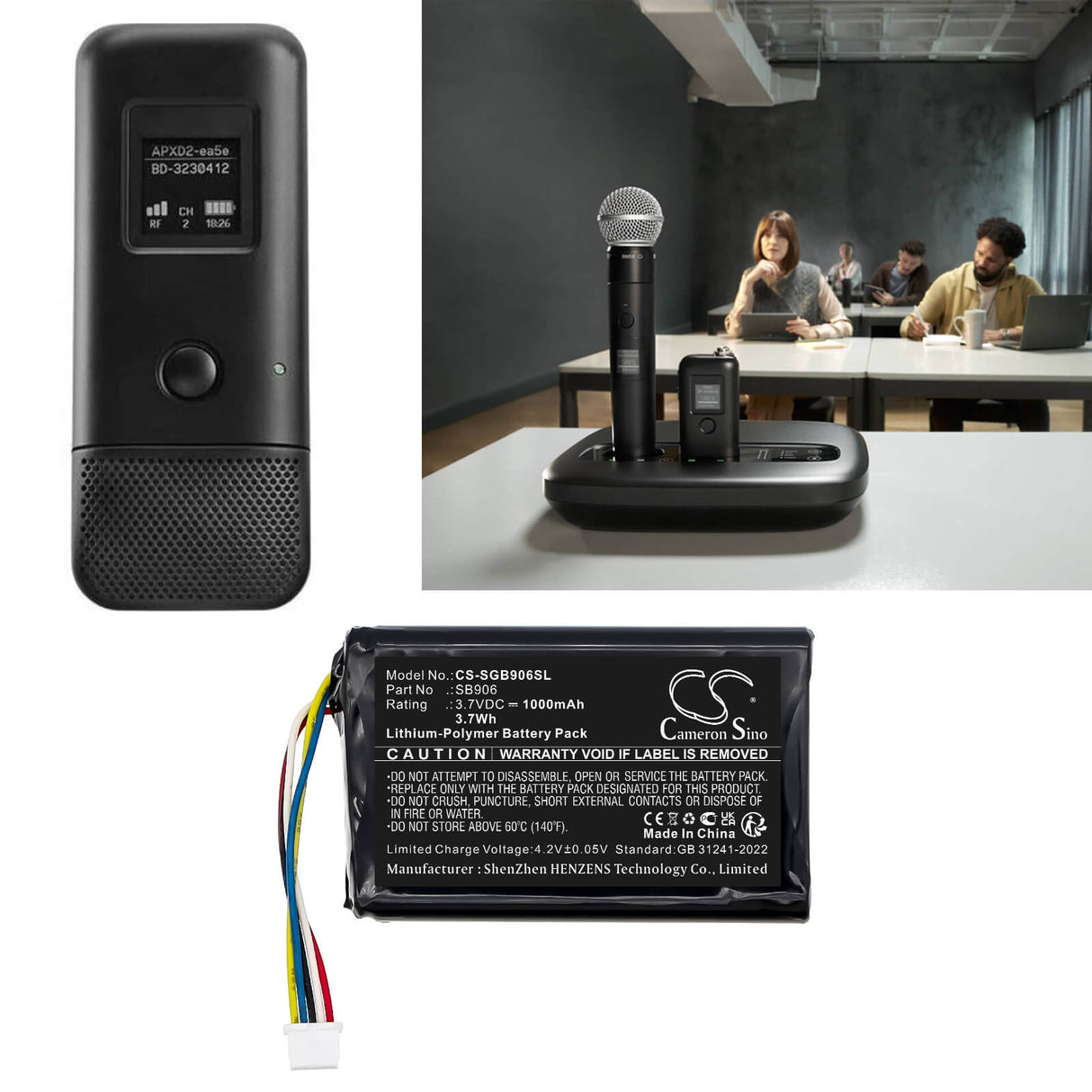3,7V, Li-Polymer, 1000mAh, Batterie pour émetteurs et récepteurs compatible avec Shure, Mxw1x, Mxw6x, 3,7Wh Émetteurs et récepteur Cameron Sino Technology Limited