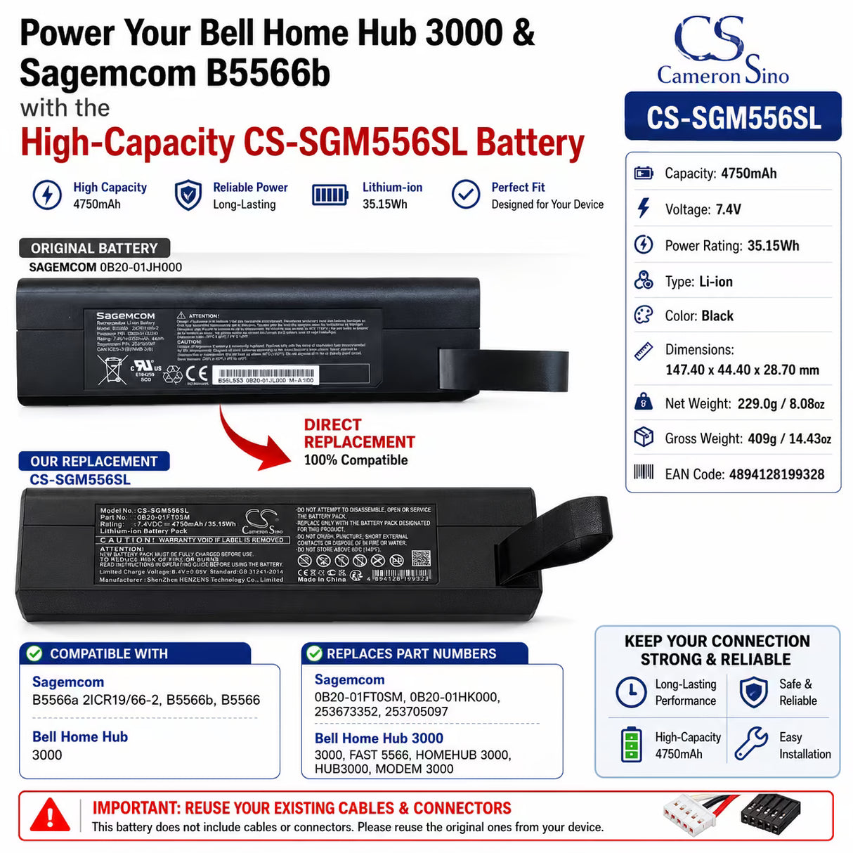 7.4V, Li-ion, 4750mAh, Cable modem battery fits Bell home hub & Sagemcom, B5566b, B5566a 35.15Wh Cable Modem Cameron Sino Technology Limited