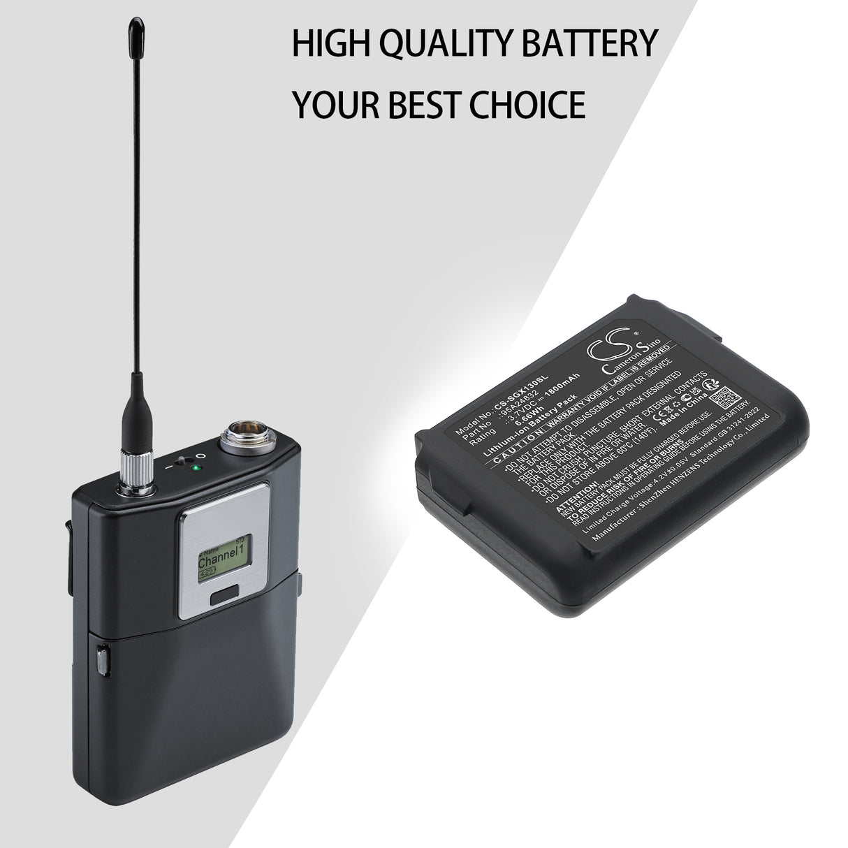 3.7V, Li-ion, 1800mAh, Transmitters & Receiver battery fits Shure, 95A24832, ADX1 bodypack transmitter, ADX1 Digital Wireless Bodypack Transmitter, 6.66Wh Transmitters & Receiver Cameron Sino Technology Limited