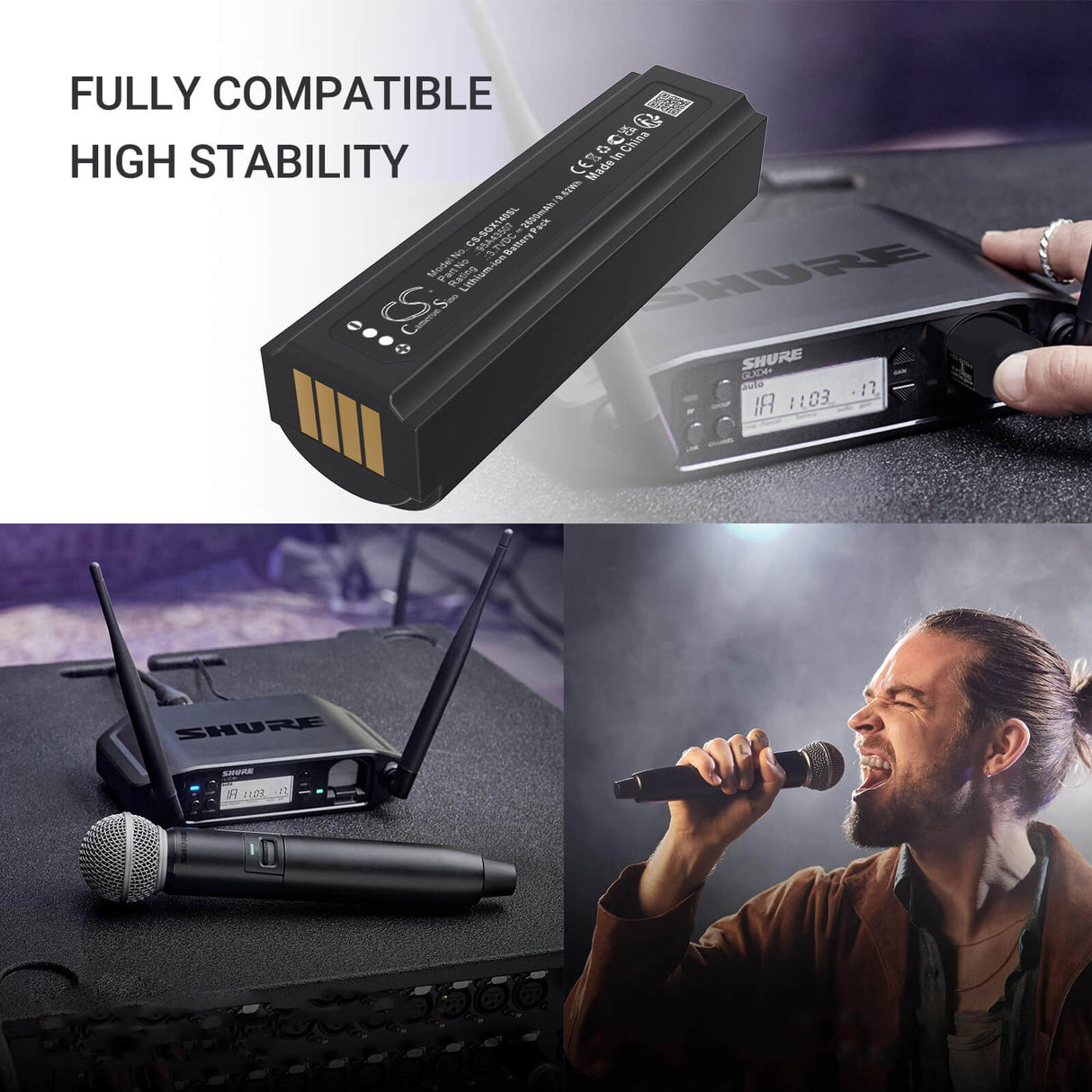 3,7V, Li-ion, 2600mAh, batterie de microphone compatible avec Shure, 95A43507, GLXD+, GLXD+ Microphone sans fil à main, 9,62Wh Microphone Cameron Sino Technology Limited