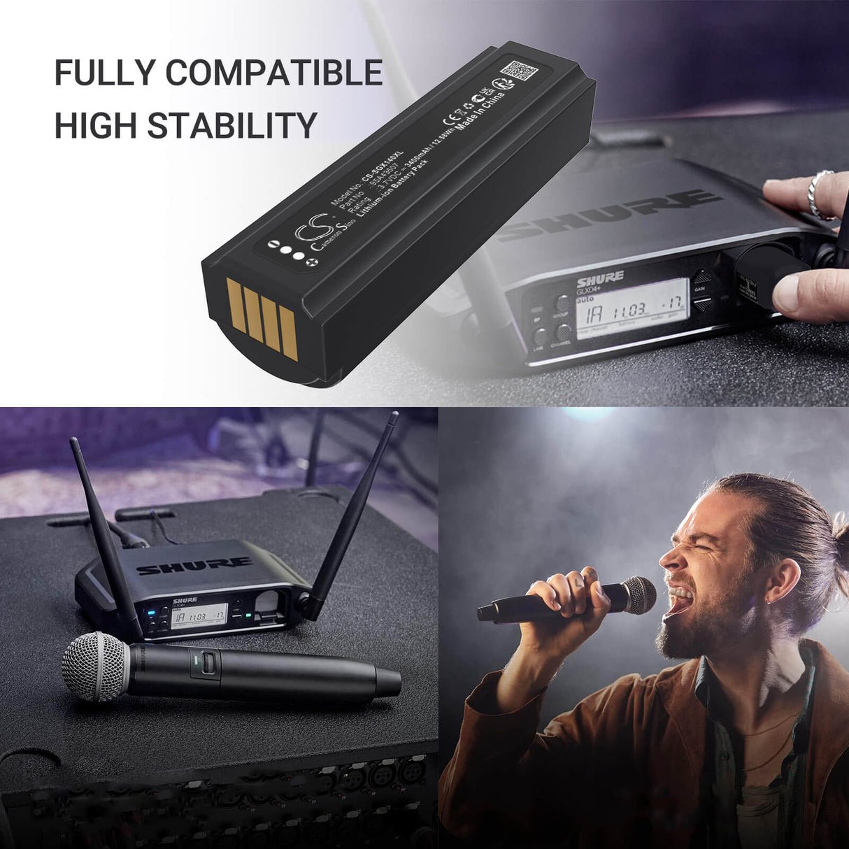 3.7V, Li-ion, 3400mAh, Batterie de microphone compatible avec Shure, 95A43507, GLXD+, GLXD+ Microphone sans fil à main, 12.58Wh Microphone Cameron Sino Technology Limited