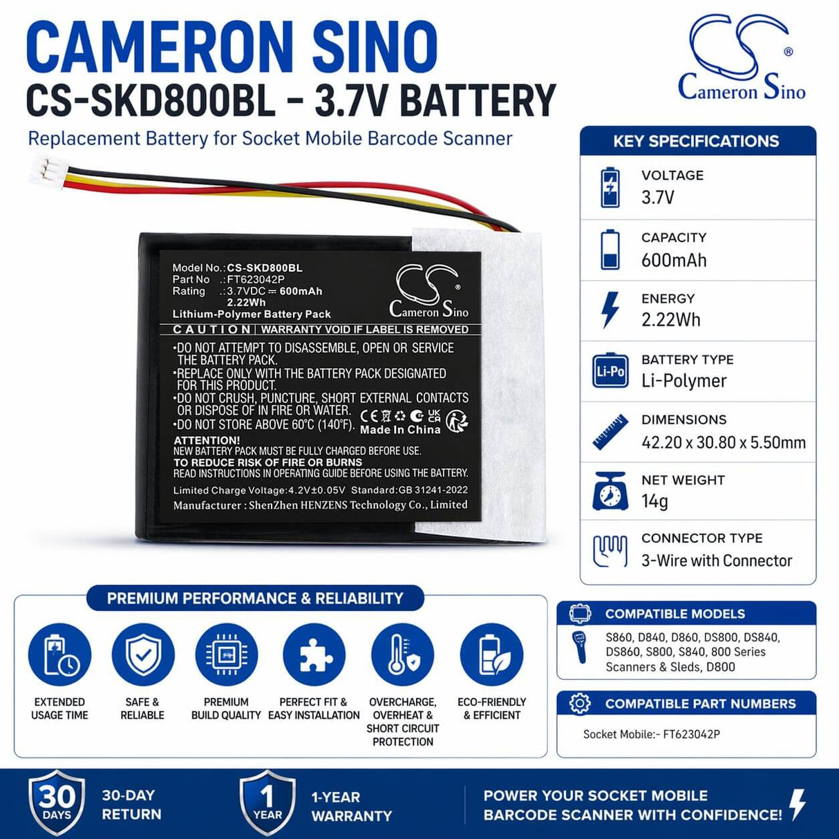 3.7V, Li-Polymer, 600mAh, Barcode Scanner battery fits Socket Mobile, FT623042P, S860, D840, 2.22Wh Barcode Scanner Cameron Sino Technology Limited