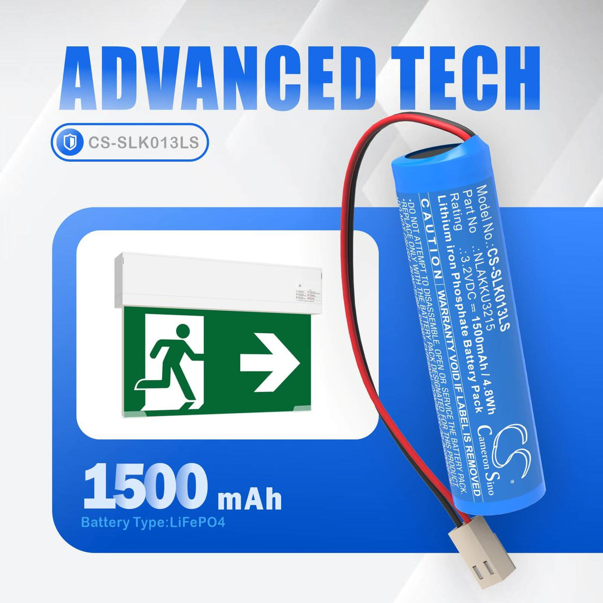 3,2V, LiFePO4, 1500mAh, Batterie d'éclairage d'urgence compatible avec Schrack, NLAKKU3215, A3U383AT2.V2-S, A3U383AT2.V2-W, 4,8Wh Éclairage d'urgence Cameron Sino Technology Limited