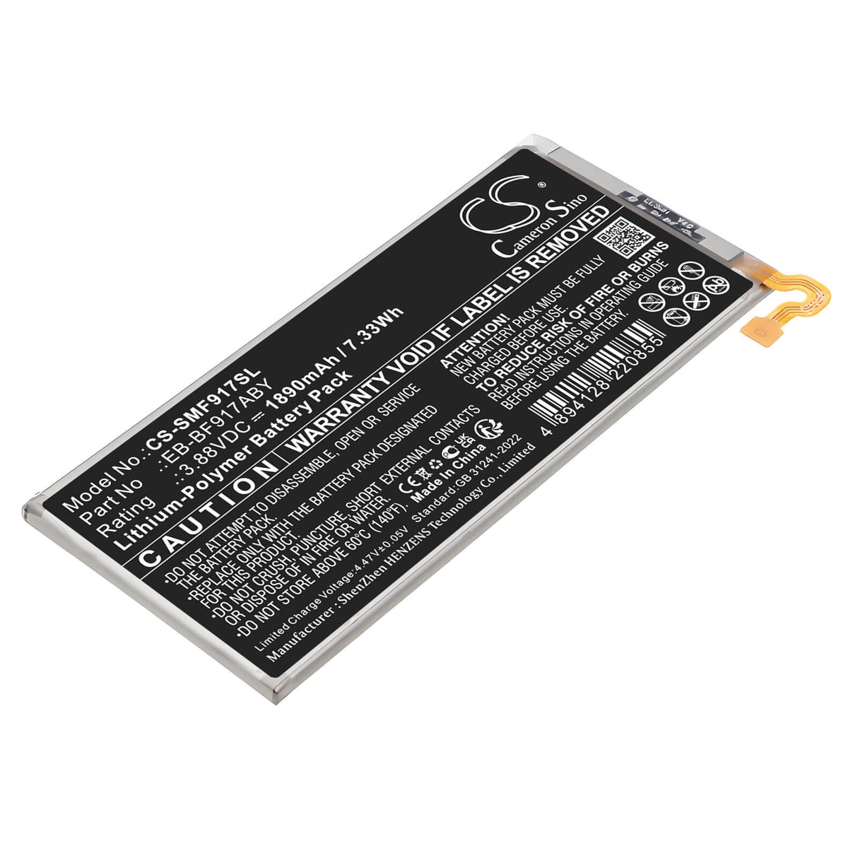 Sub Side 3.88V, Li-Polymer, 1890mAh, Mobile, SmartPhone battery fits Samsung, EB-BF917ABY, Galaxy W21 5G, Galaxy Z Fold2, 7.33Wh Mobile, SmartPhone Cameron Sino Technology Limited