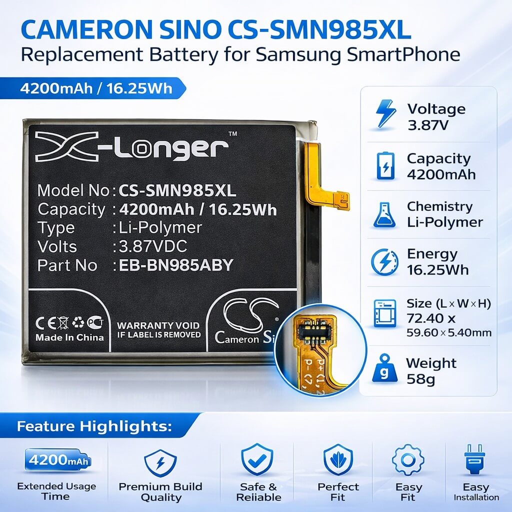 3.87V, Li-Polymer, 4200mAh, SmartPhone battery fits Samsung, Eb-bn985aby, Galaxy Note 20 Ultra, Galaxy Note 20 Ultra Uw 5g, 16.25Wh Mobile, SmartPhone Cameron Sino Technology Limited (Smartphone)