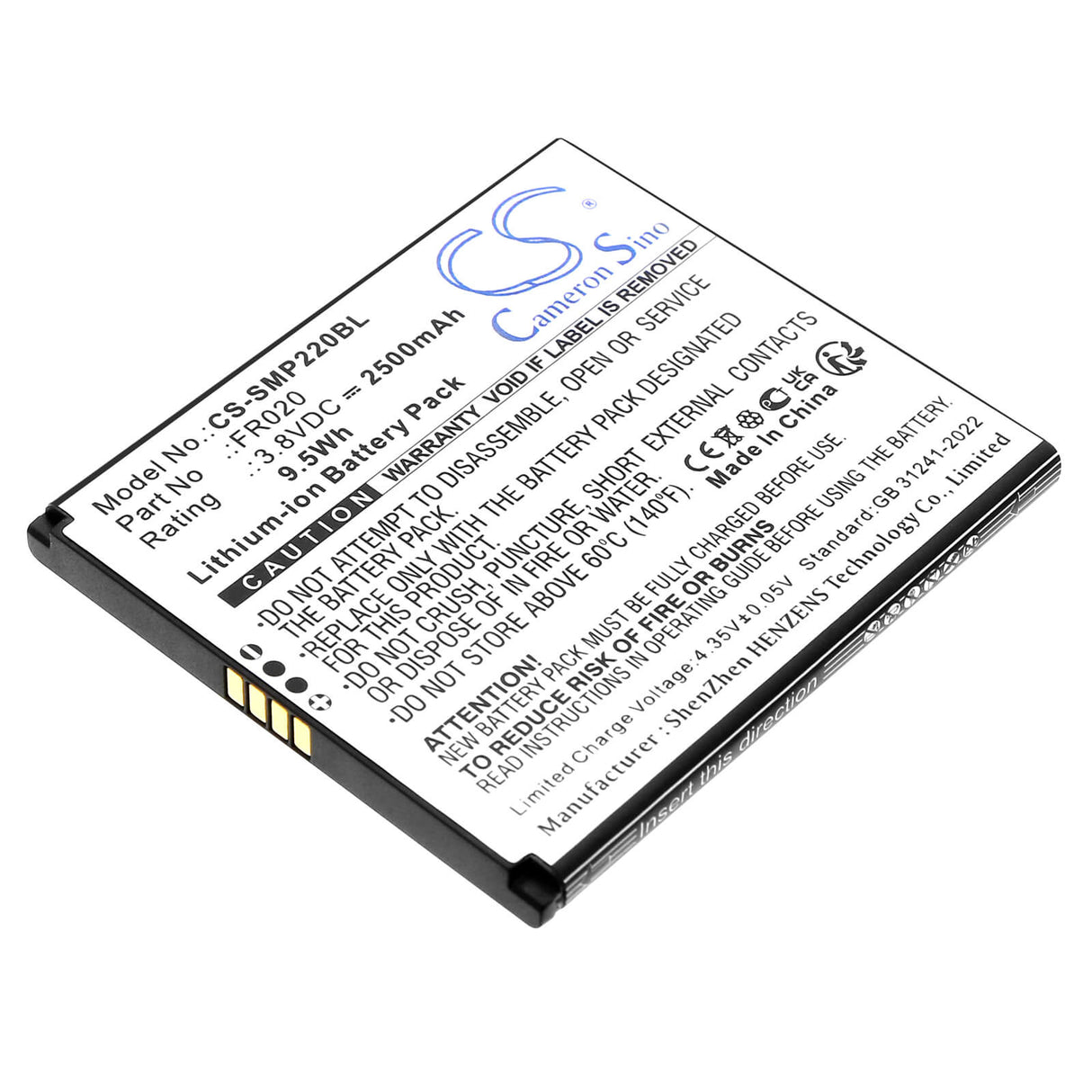 3.8V, Li-ion, 2500mAh, batterie de terminal de paiement compatible avec Sunmi, FR020, P2 Mini, 9.5Wh Terminal de paiement Cameron Sino Technology Limited
