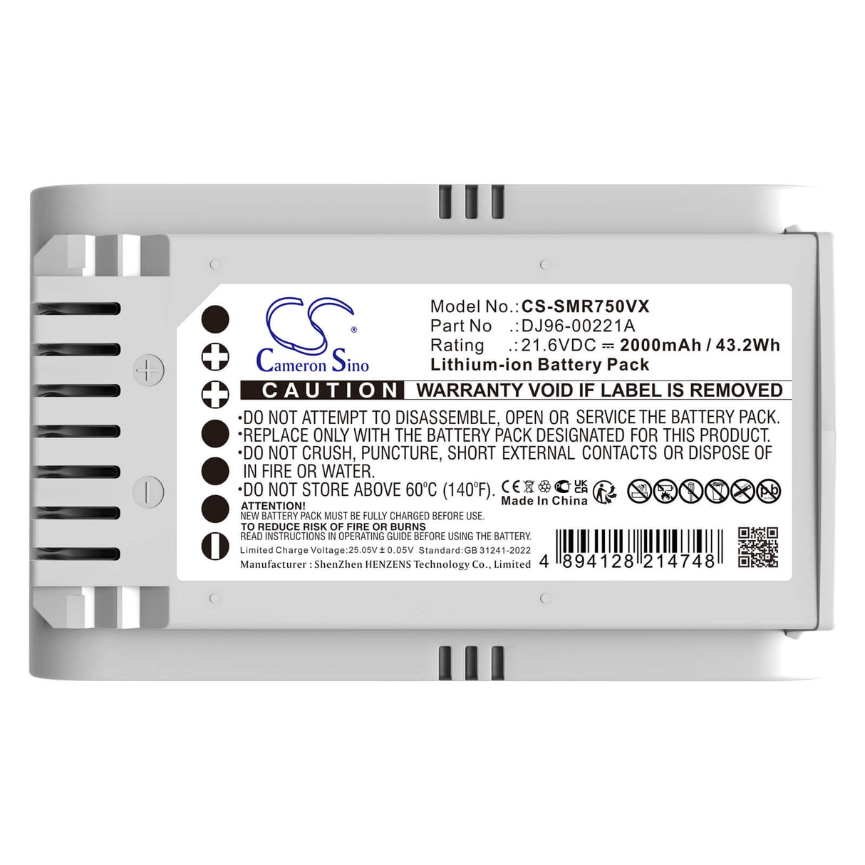 21.6V, Li-ion, 2000mAh, Vacuum battery fits Samsung, Dj96-00221a, Jet 70, Jet 70 Easym Vs15t7033r4/sh, 43.2Wh Vacuum Cameron Sino Technology Limited