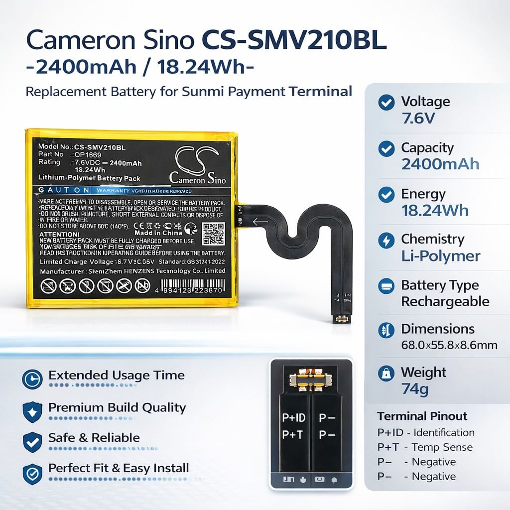 7.6V, Li-Polymer, 2400mAh, Payment Terminal battery fits Sunmi, QP1669, P2 Pro, 18.24Wh Payment Terminal Cameron Sino Technology Limited