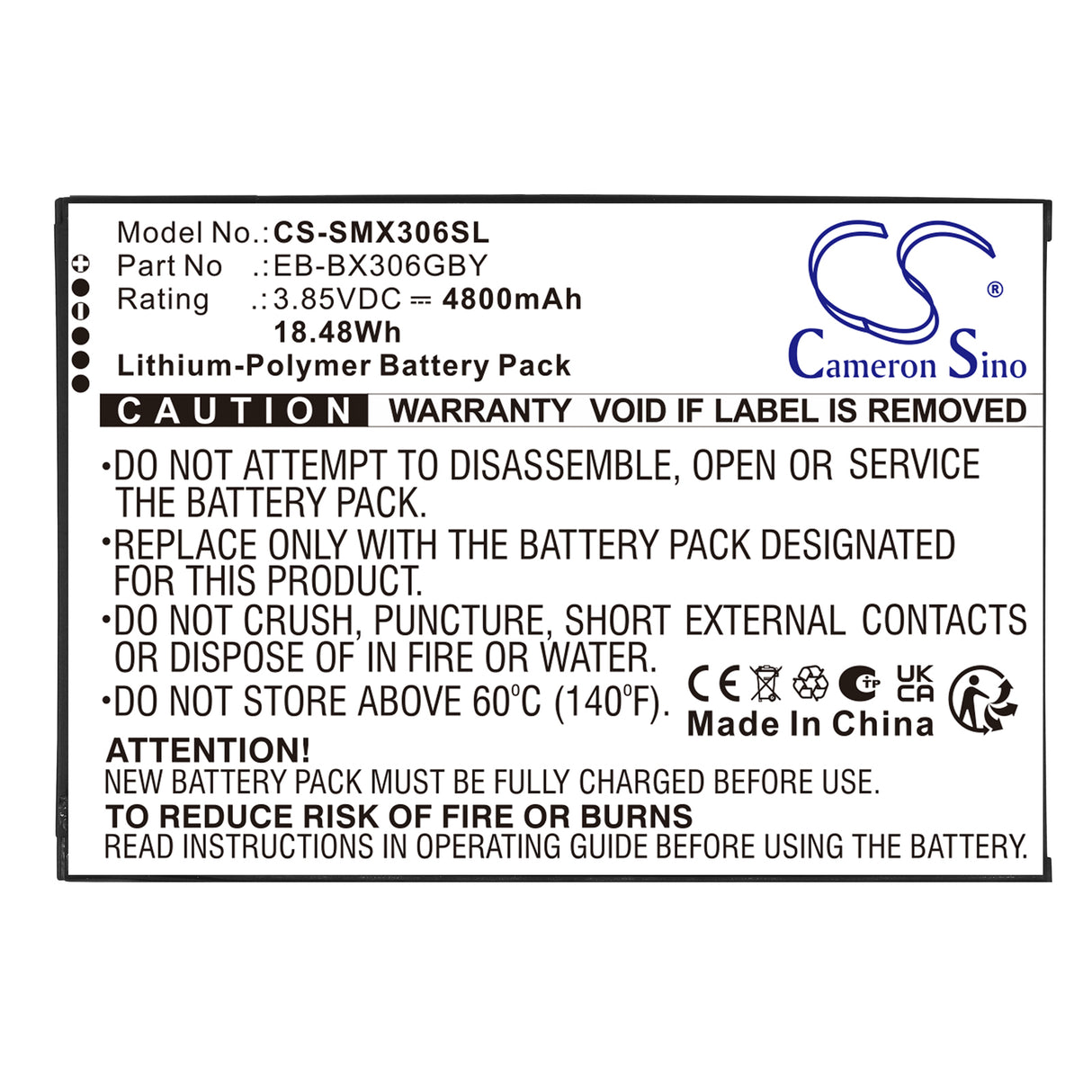 3.85V, Li-Polymer, 4800mAh, Tablet battery fits Samsung, EB-BX306GBY, Galaxy Tab Active 5 (WiFi), Galaxy Tab Active 5 5G, 18.48Wh Tablet Cameron Sino Technology Limited
