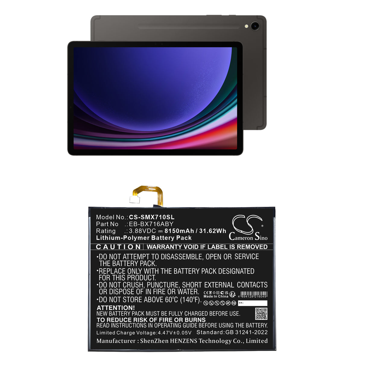 3.88V, Li-Polymer, 8150mAh, Tablet battery fits Samsung, Eb-bx716aby, Galaxy Tab S9, Sm-x710, 31.62Wh Tablet Cameron Sino Technology Limited