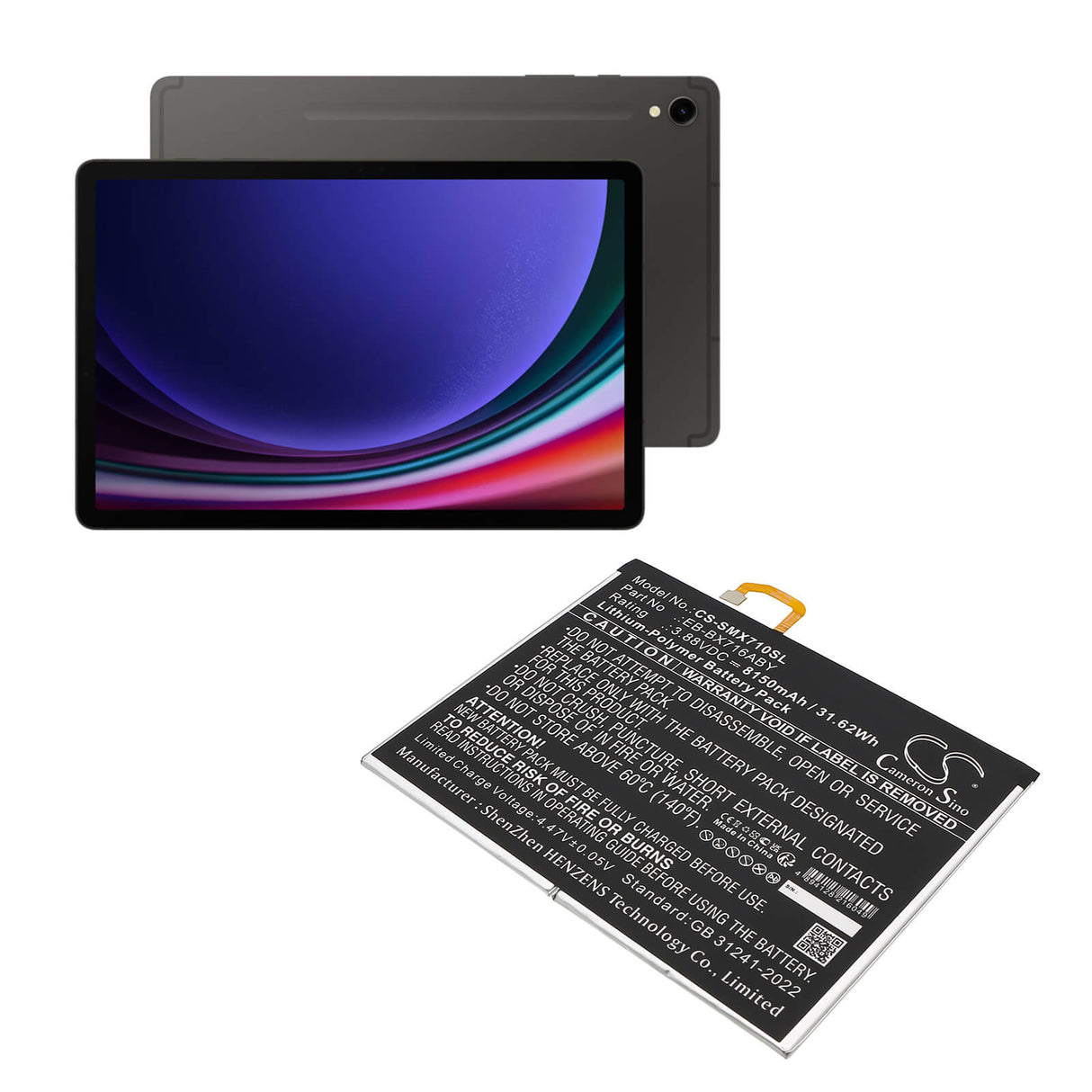 3.88V, Li-Polymer, 8150mAh, Tablet battery fits Samsung, Eb-bx716aby, Galaxy Tab S9, Sm-x710, 31.62Wh Tablet Cameron Sino Technology Limited