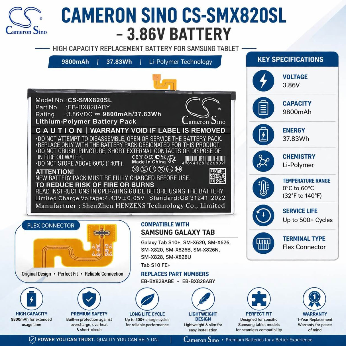 3.86V, Li-Polymer, 9800mAh, Tablet battery fits Samsung, EB-BX828ABE, Galaxy Tab S10+, SM-X620, 37.83Wh Tablet Cameron Sino Technology Limited