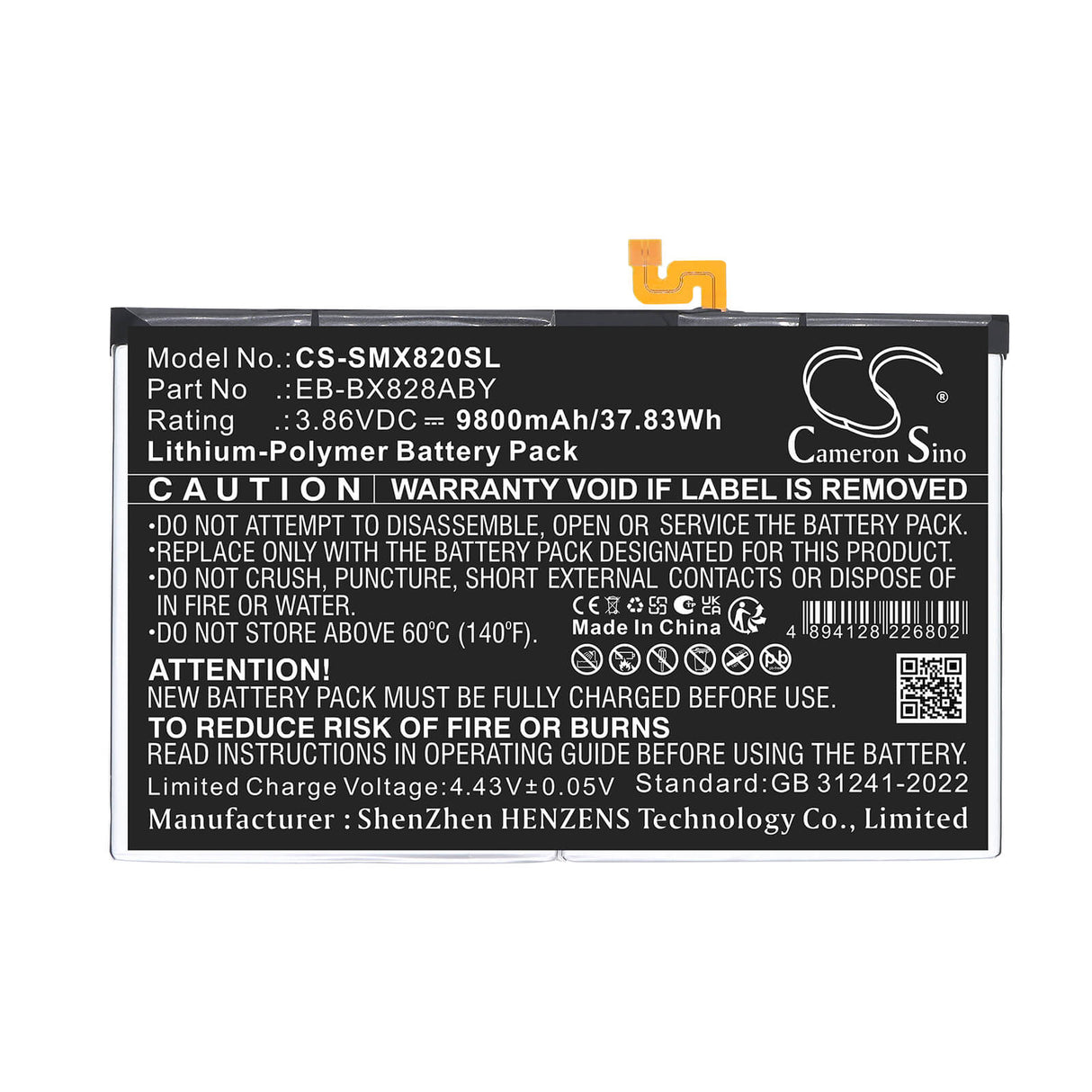 3.86V, Li-Polymer, 9800mAh, Tablet battery fits Samsung, EB-BX828ABE, Galaxy Tab S10+, SM-X620, 37.83Wh Tablet Cameron Sino Technology Limited