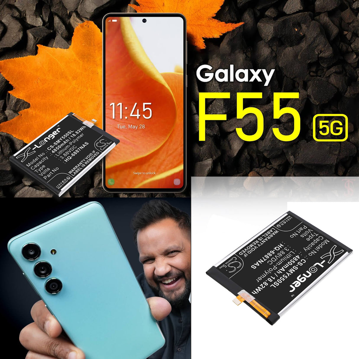 3.88V, Li-Polymer, 4850mAh, Mobile, SmartPhone battery fits Samsung, GH81-25792A, Galaxy F55 5G, Galaxy M55 5G, 18.82Wh Mobile, SmartPhone Cameron Sino Technology Limited