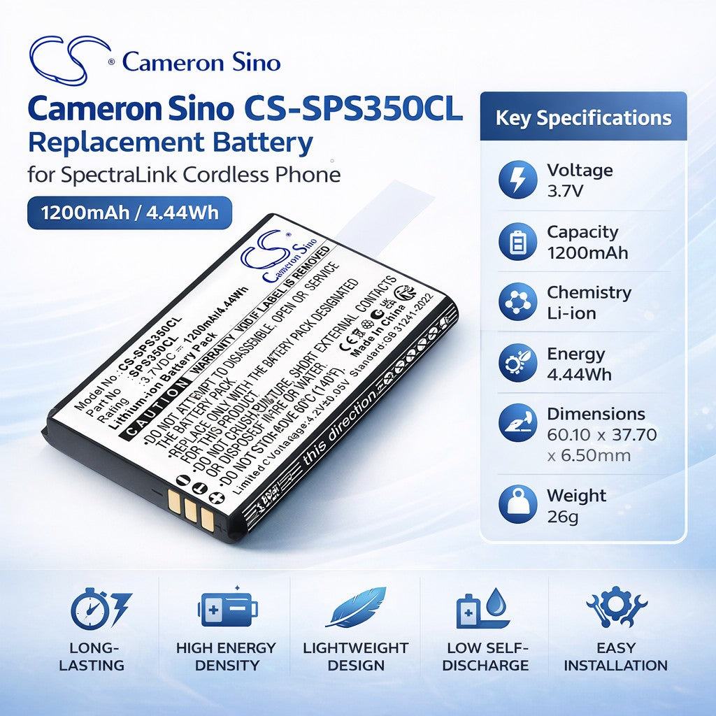 3.7V, Li-ion, 1200mAh, Cordless Phone battery fits SpectraLink, 84743432, S35 DECT Handset, S37 S35 DECT Handset, 4.44Wh Cordless Phone Cameron Sino Technology Limited