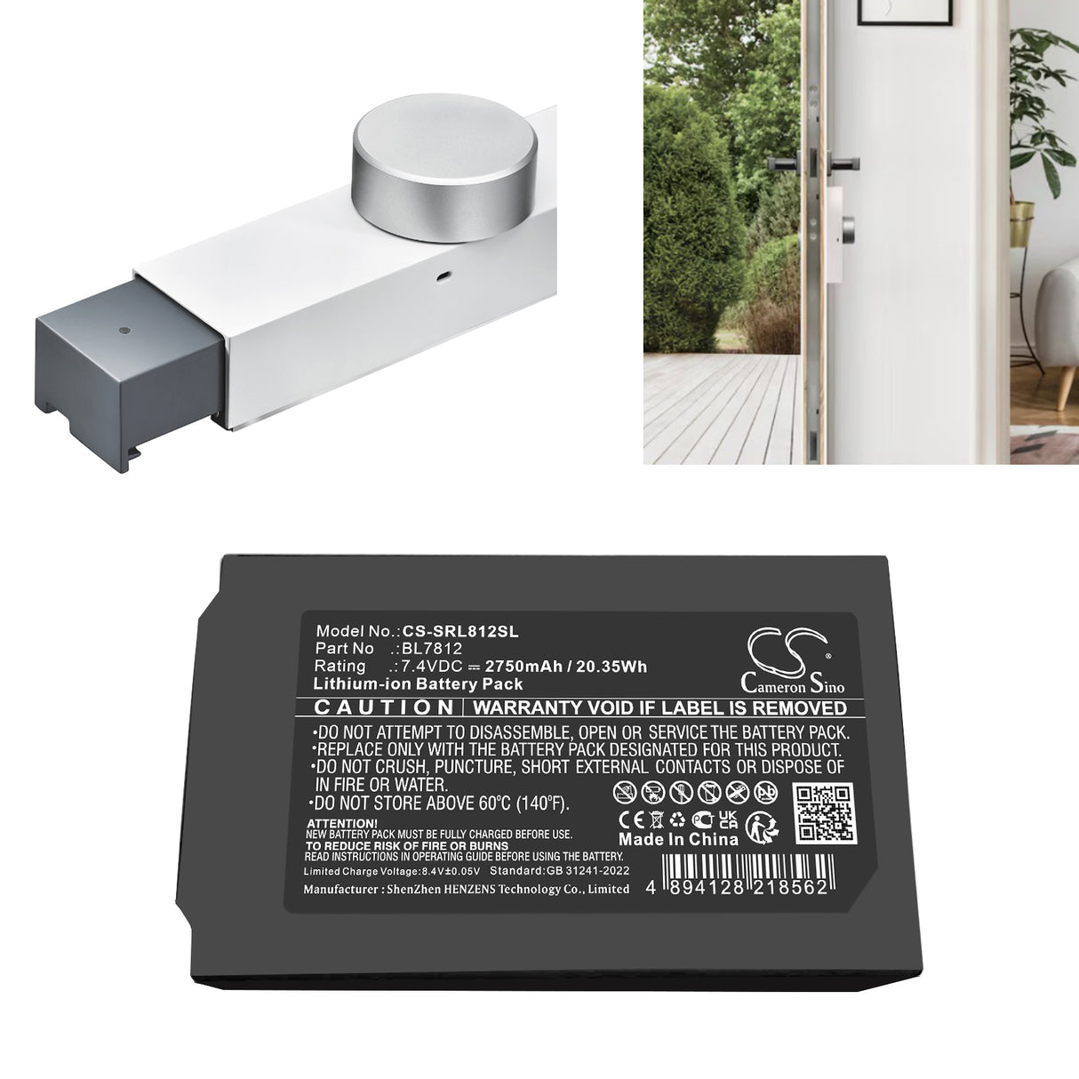 7.4V, Li-ion, 2750mAh, Door Lock battery fits Somfy, Bl7812, 1241386, Door Keeper Lock, 20.35Wh Door Lock Cameron Sino Technology Limited