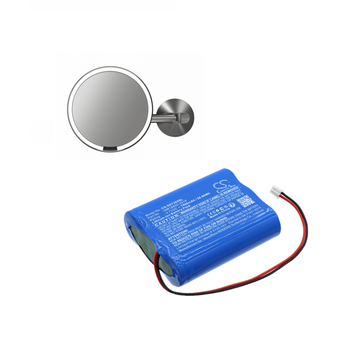 3,7V, Li-ion, 7800mAh, Batterie de miroir cosmétique compatible avec Simplehuman, Bt1080, St3024, ST3002, 28,86Wh Miroir cosmétique Cameron Sino Technology Limited