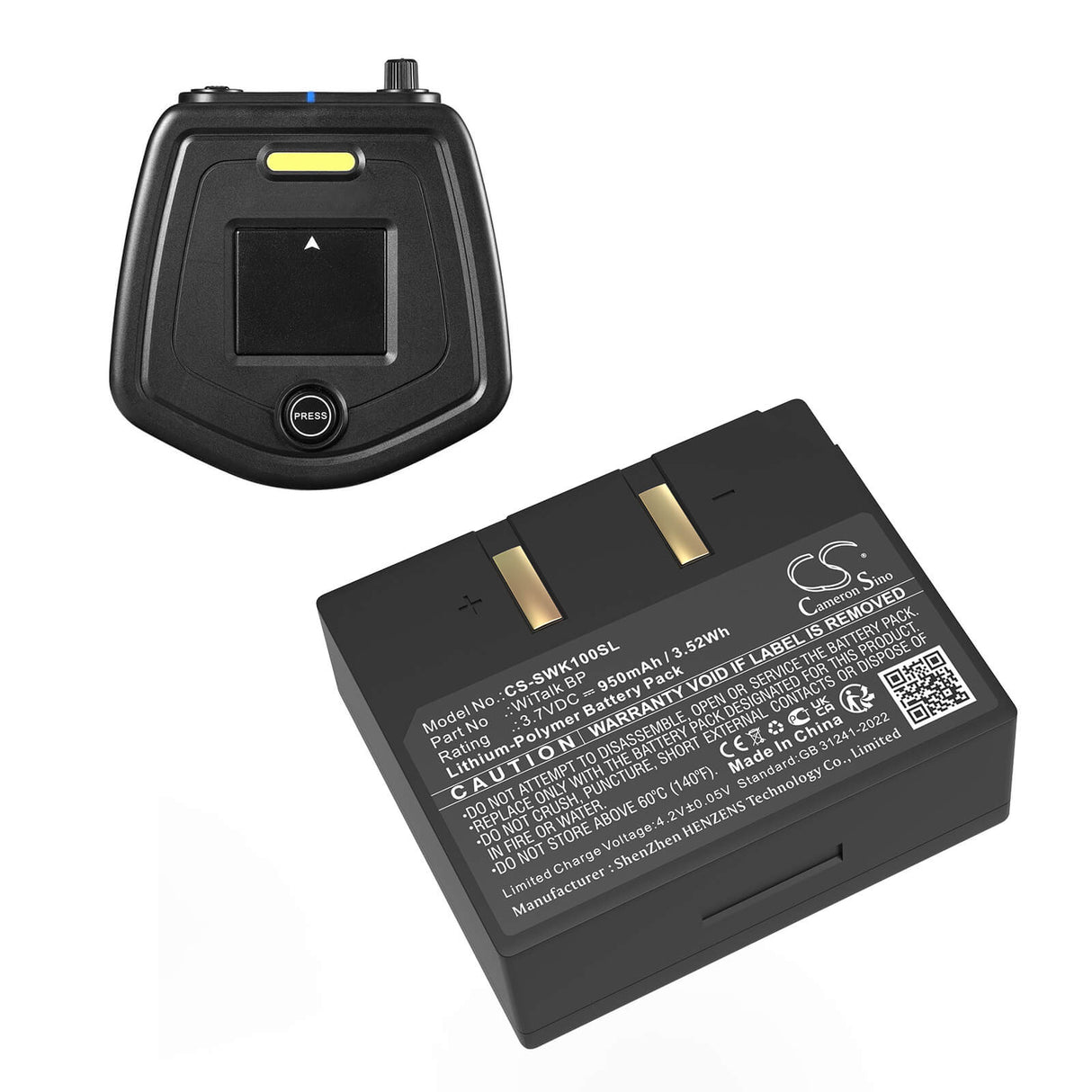 3.7V, Li-Polymer, 950mAh, Wireless Headset battery fits Saramonic, Witalk Bp, Hub Intercom Base Station, Srh Remote Headsets, 3.52Wh Wireless Headset Cameron Sino Technology Limited