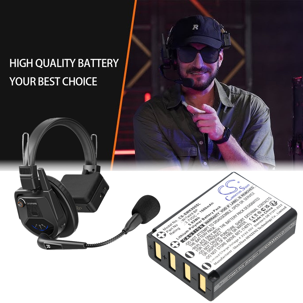 3.7V, Li-Polymer, 1600mAh, Wireless Headset battery fits Saramonic, WiTalk9 BP, 11601, WiTalk9 Intercom Headset, 5.92Wh Wireless Headset Cameron Sino Technology Limited