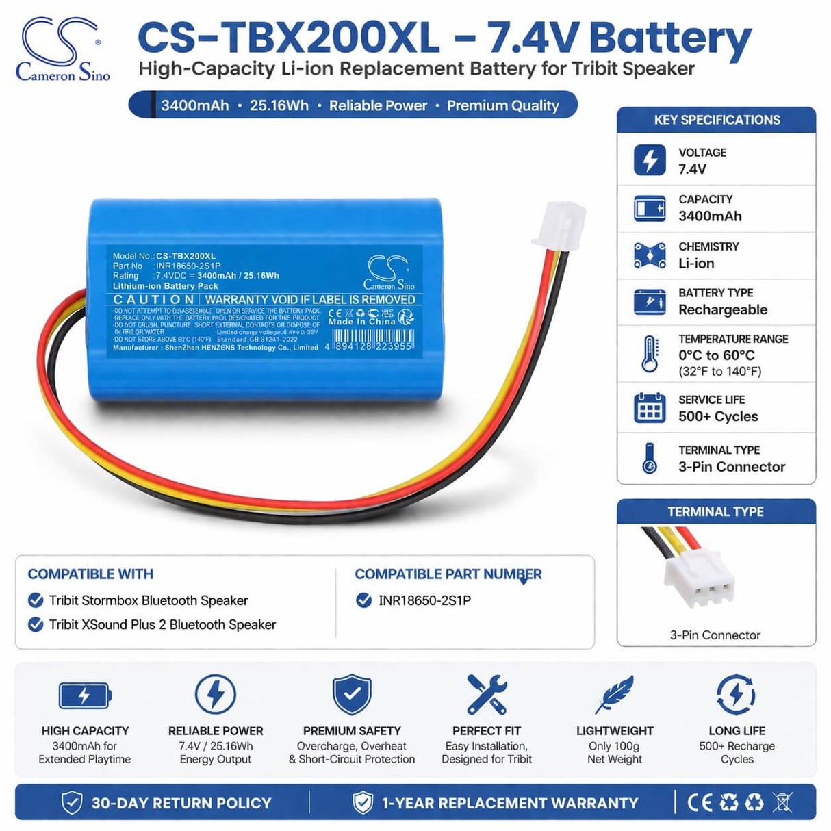 7.4V, Li-ion, 3400mAh, Speaker battery fits Tribit, INR18650-2S1P, Stormbox Bluetooth Speaker, XSound Plus 2 Bluetooth Speaker, 25.16Wh Speaker Cameron Sino Technology Limited