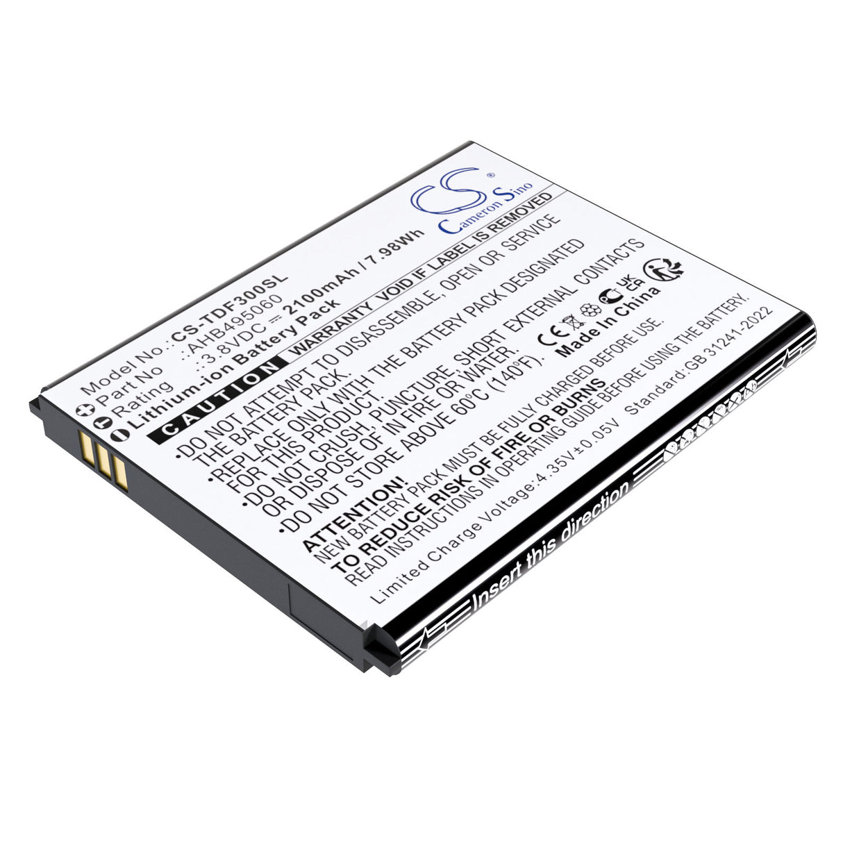 3.8V, Li-ion, 2100mAh, Hotspot battery fits Tenda, AHB495060, 4G180. 4G LTE, 4G185, 7.98Wh Hotspot Cameron Sino Technology Limited