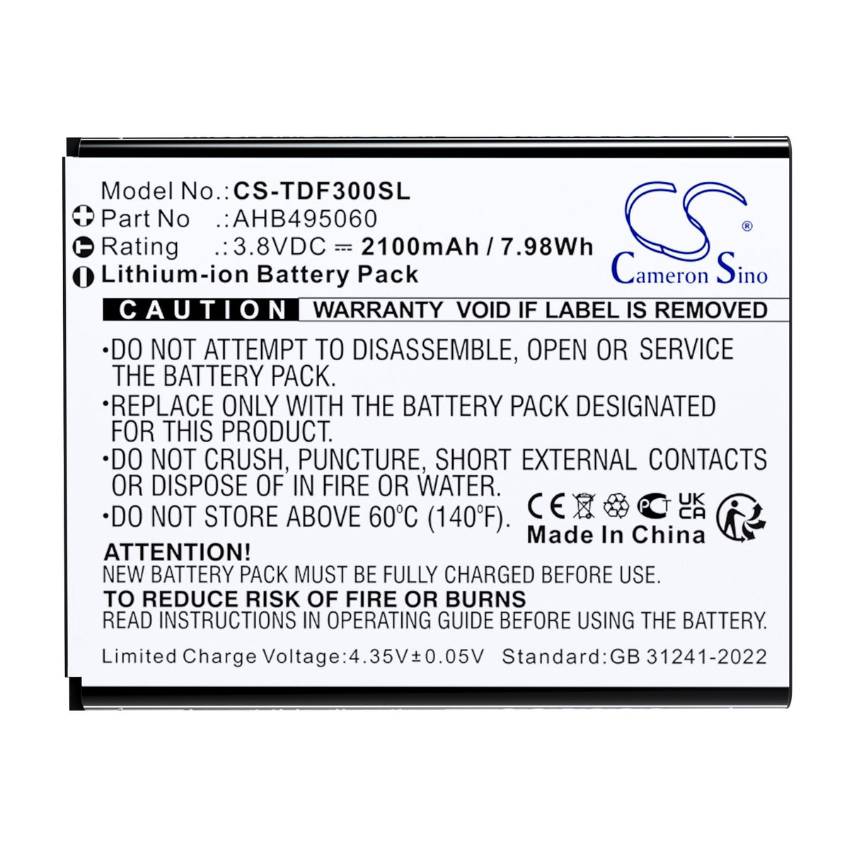 3.8V, Li-ion, 2100mAh, Hotspot battery fits Tenda, AHB495060, 4G180. 4G LTE, 4G185, 7.98Wh Hotspot Cameron Sino Technology Limited