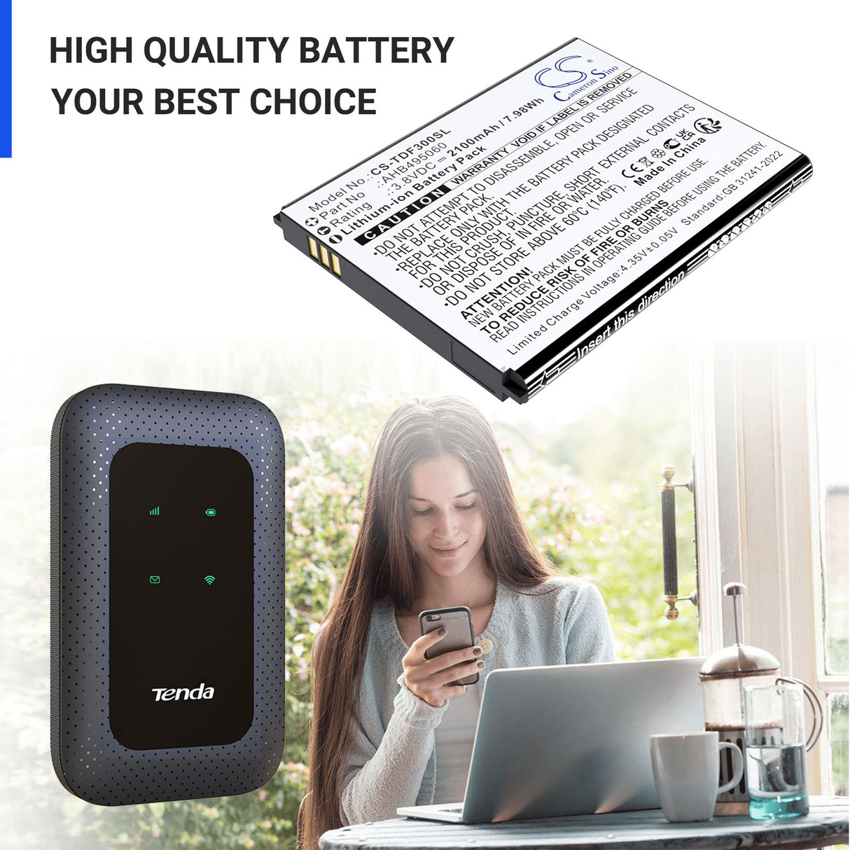 3.8V, Li-ion, 2100mAh, Hotspot battery fits Tenda, AHB495060, 4G180. 4G LTE, 4G185, 7.98Wh Hotspot Cameron Sino Technology Limited