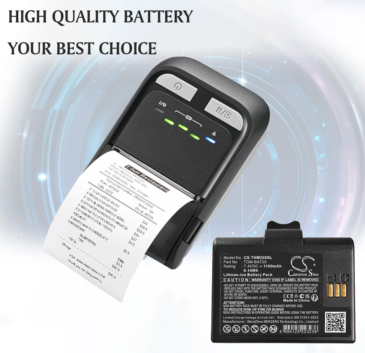 7.4V, Li-ion, 1100mAh, Portable Printer battery fits TSC, TDM-BAT20, TDM-20, 8.14Wh Portable Printer Cameron Sino Technology Limited