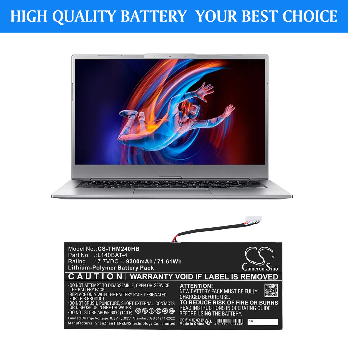 7.7V, Li-Polymer, 9300mAh, Notebook, Laptop battery fits Schenker, L140BAT-4, VIA 14, VIA 14 Late 2020, 71.61Wh Notebook, Laptop Cameron Sino Technology Limited