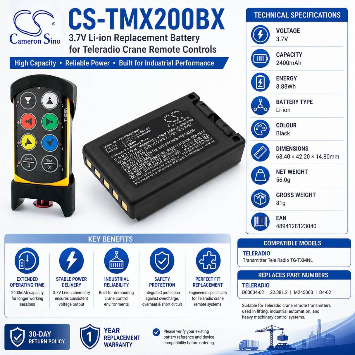 Crane Battery For Teleradio, Tg-txmnl, Transmitter Tele Radio Tg-txmnl 3.7v, 2400mah - 8.88wh Crane Remote Control Cameron Sino Technology Limited