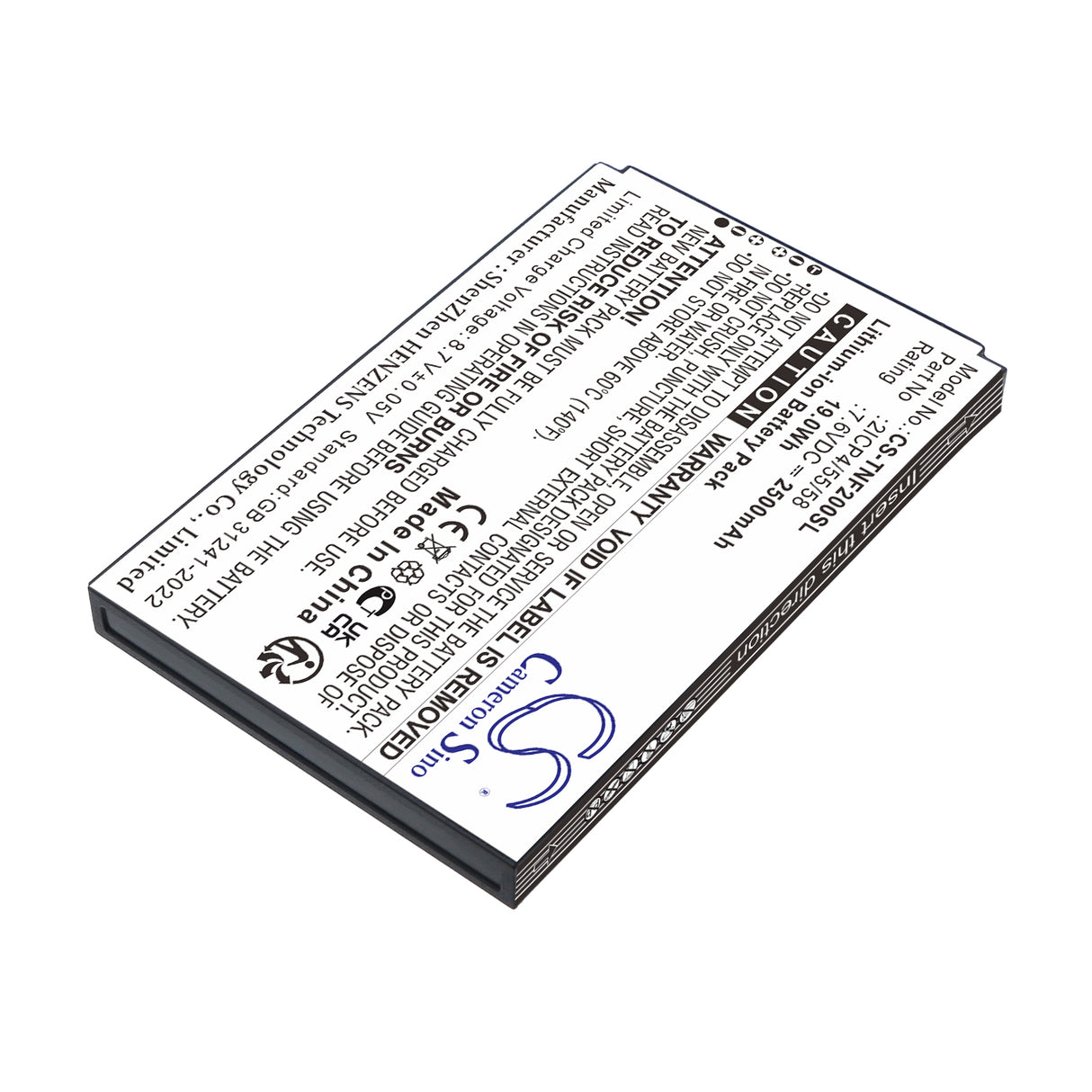 7.6V, Li-ion, 2500mAh, Payment Terminal battery fits Feitian, 2ICP4/55/58, F20, F20 Smart POS, 19Wh Payment Terminal Cameron Sino Technology Limited