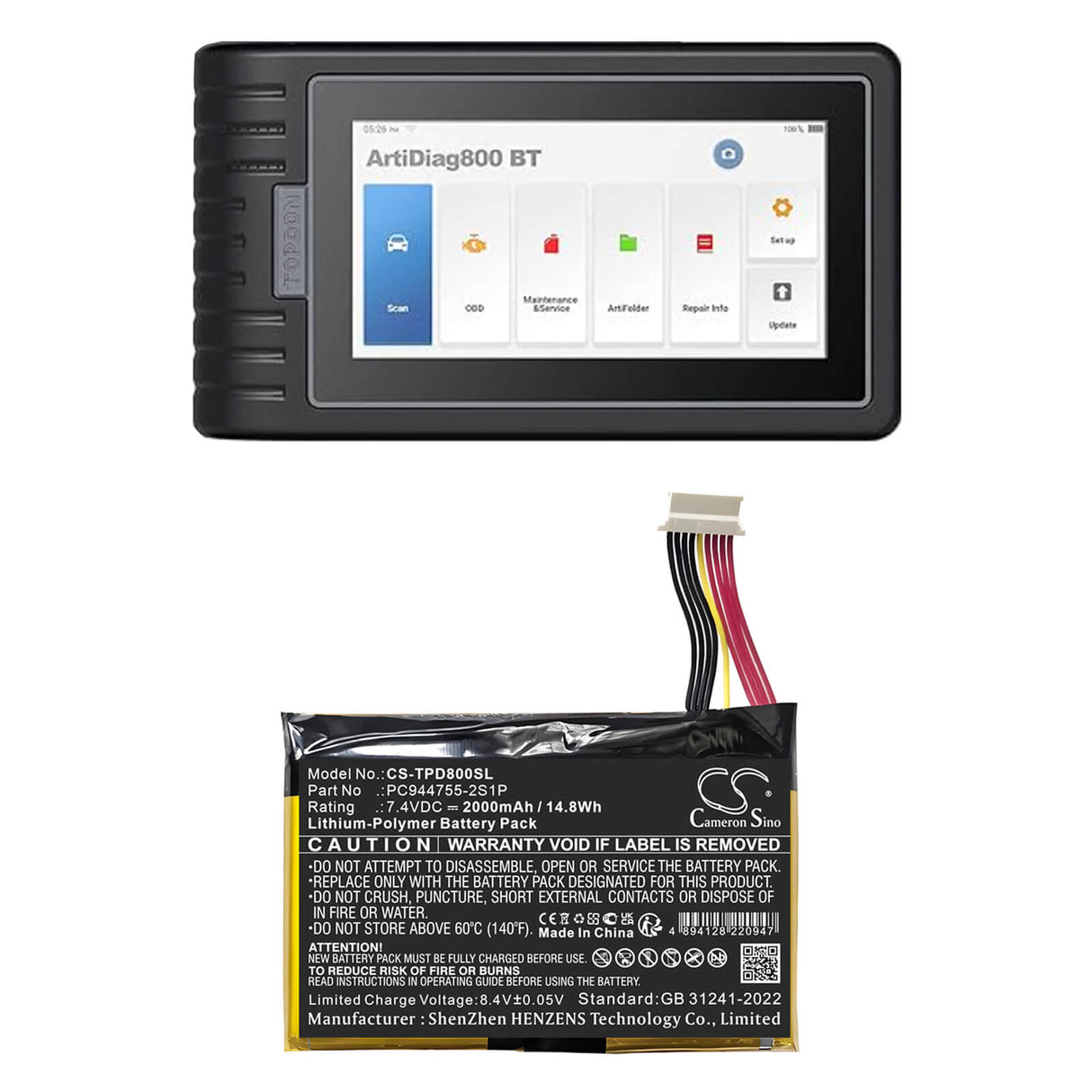 7.4V, Li-Polymer, 2000mAh, Diagnostic Scanner battery fits Topdon, PC944755-2S1P, AD800BT, ArtiDiag800BT, 14.8Wh Diagnostic Scanner Cameron Sino Technology Limited