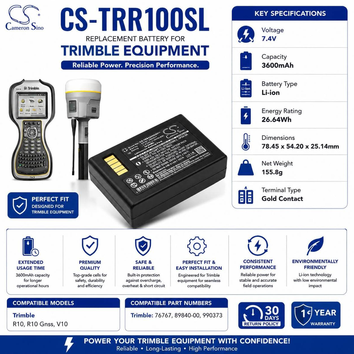 7.4V, Li-ion, 3600mAh, Equipment battery fits Trimble, 76767, R10, R10 Gnss, 26.64Wh Equipment, Survey, Test Cameron Sino Technology Limited