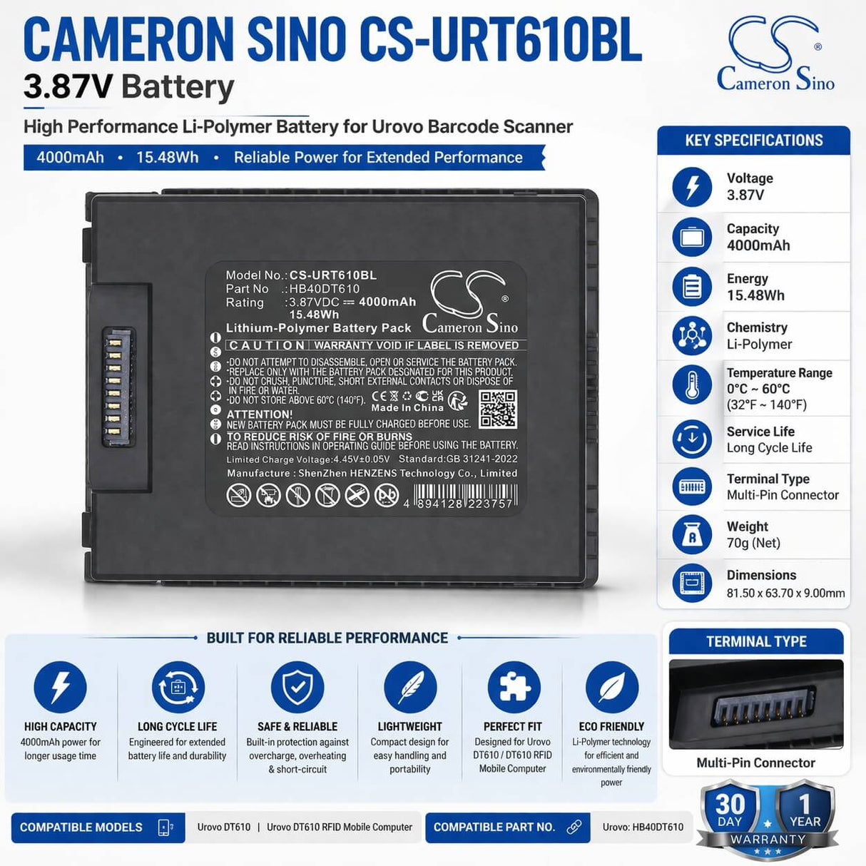 3.87V, Li-Polymer, 4000mAh, Barcode Scanner battery fits Urovo, HB40DT610, DT610, DT610 RFID Mobile Computer, 15.48Wh Barcode Scanner Cameron Sino Technology Limited