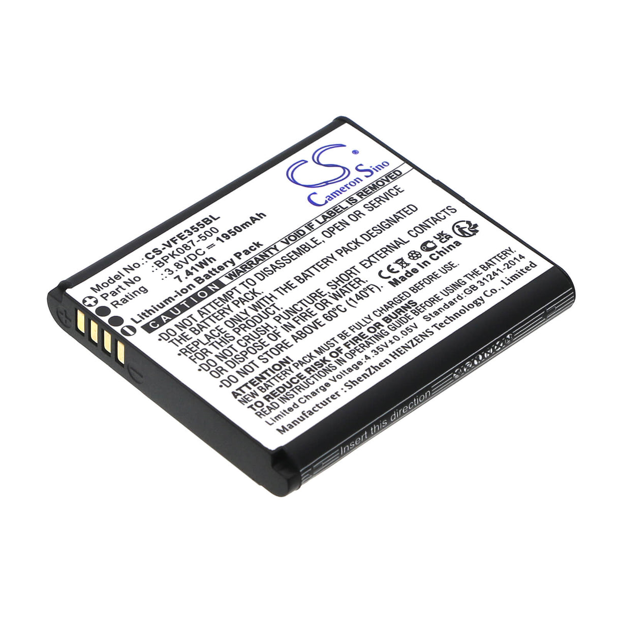 3.8V, Li-ion, 1950mAh, batterie de terminal de paiement convient à Verifone, Bpk087-500, E355, Ipay E355, 7.41Wh Terminal de paiement Cameron Sino Technology Limited
